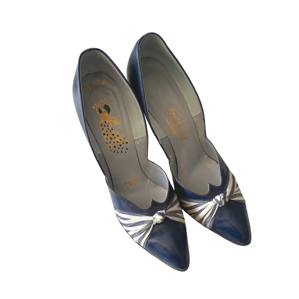 Vintage 40s 50s Peacock Shoes Blue Leather Striped Knot Pointed Toe Pumps Heels